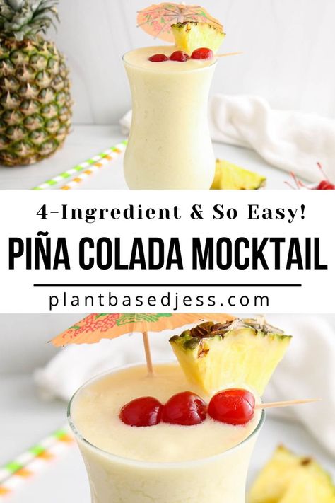 View on a tall glass of non-alcoholic pina colada. Almond Milk Smoothie Recipes, Pina Colada Mocktail, Drinks With Pineapple Juice, High Protein Smoothies, Coconut Drinks, Drink Recipes Nonalcoholic, Smoothie Drink Recipes, Vegan Drinks, Refreshing Drinks Recipes