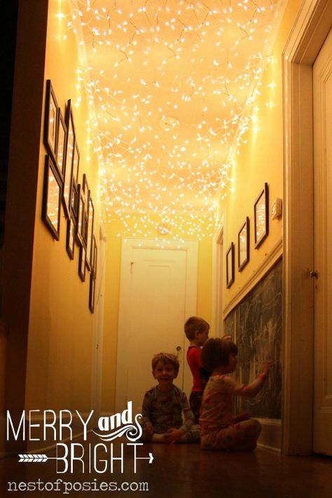 All things Merry & Bright! add Twinkle lights to your hallway - Nest of Posies Diy Christmas Lights, Decor Studio, Christmas Lighting, Fun Christmas Decorations, Homemade Holiday, Navidad Diy, Indoor Christmas, Decorating With Christmas Lights, Noel Christmas