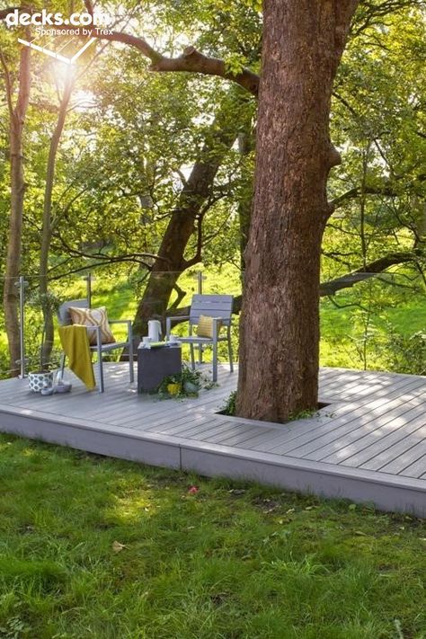 Build A Floating Deck, Deck Around Trees, Patio Shade Ideas, Patio Shade Covers, Freestanding Deck, Building A Floating Deck, Deck Diy, Tree Deck, Shade Ideas