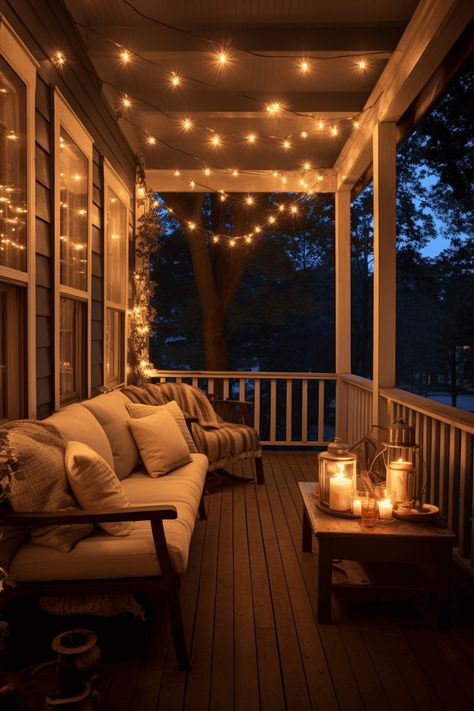 Decorate Large Front Porch, Front Porch Living Space, Front Porch Aesthetic Night, Front Porch Ideas On A Budget, Backyard Twinkle Lights, Big Porch Decorating Ideas, Twinkle Lights Backyard, Added Front Porch, Cute Porch Decor Ideas