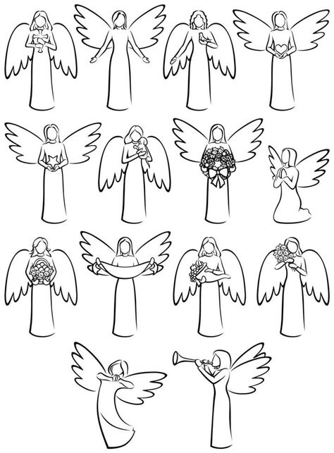 Angels Line Art Set Christmas Angels Drawing, How To Draw Angel, Angel Art Drawing Simple, Simple Angel Drawing, Angel Line Drawing, Angel Graphic Design, Drawing Angels, Angel Drawing Easy, Angel Outline