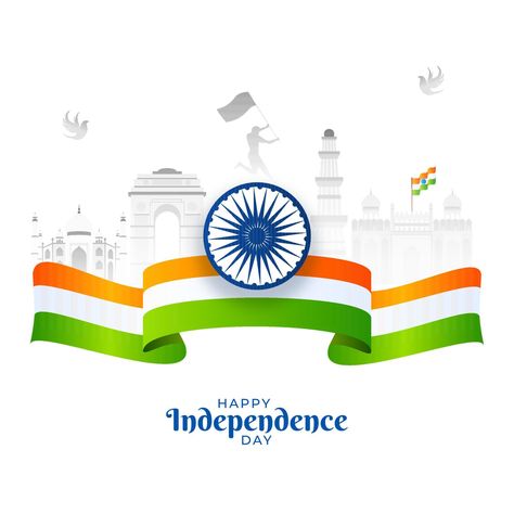 Happy Independence Day Poster Design with Ashoka Wheel, India Flag Ribbon and Indian Famous Monuments on White Background. Independence Day Png Background, Independence Day Banner Design, Indipendente Day Poster, Independance Day Poster, August 15 Independence Day Background, Festivals Illustration, Happy Independence Day Background, Happy Independence Day Poster, 15 August Png