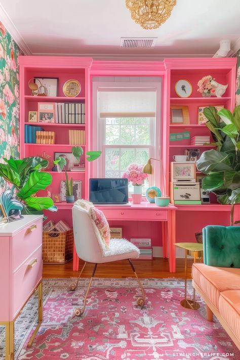 Vibrant Spaces: A Maximalist’s Guide to Colorful Home Decor - Styling Her Life Home Inspiration Colorful, Eclectic Maximalism Office, Maximalist Home Office Decor, Small Space Maximalist Decor, Maximalist Beach Decor, Maximist Decor Living Room, Colourful Office Ideas, Home Office Maximalist, Neon Home Decor Interior Design