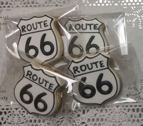 Route 66 decorated sugar cookies by I AM the Cookie Lady Route 66 Party Decoration, Classic Car Cookies, Route 66 Birthday Party Ideas, Route 66 Party Theme, Cookie Trailer, Route 66 Party, Route 66 Theme, Car Themed Wedding, Happy 66th Birthday