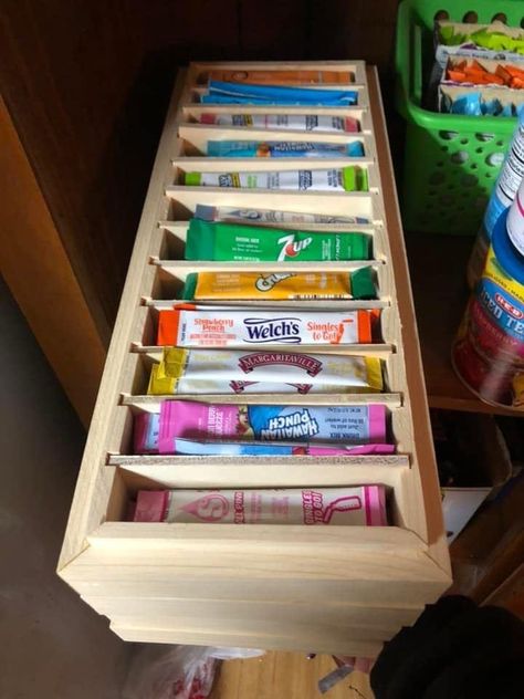 Water Flavor Packet Organization, Water Bar Ideas For Kitchen, Drink Mix Storage Ideas, Loaded Tea Organization, Drink Syrup Organization, Drink Mix Packet Storage, Water Flavor Packet Storage, Powder Drink Mix Storage, Water Flavor Packets Storage Ideas