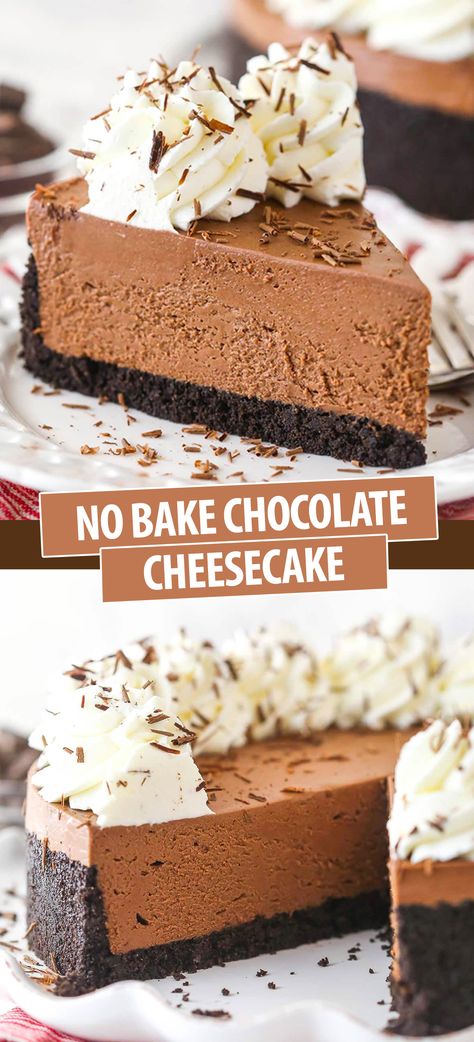 This No Bake Chocolate Cheesecake recipe is easy to make and requires no oven! It’s rich, creamy and full of chocolate flavor with melted chocolate, cocoa powder and a crunchy chocolate cookie crust! The perfect quick and easy dessert that’s sure to impress! Best No Bake Chocolate Cheesecake Recipe, Chocolate Dessert Ideas For Thanksgiving, Chocolate Peanut Butter No Bake Dessert, Food And Dessert Recipes, No Bake Dark Chocolate Cheesecake, Cheesecake Recipes Easy Chocolate, No Bake Brownie Batter Cheesecake, Chocolate Cheesecake Recipe No Bake, Philadelphia Cheesecake No Bake Filling