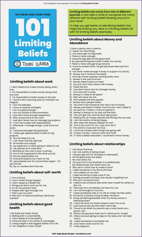 Limiting Beliefs List Infographic with 101 examples of beliefs by Tomi Llama Organization Binder, Healing Journal, Healing Journaling, Life Coaching Tools, Family Systems, Losing 40 Pounds, Core Beliefs, Lose 40 Pounds, Manifestation Affirmations