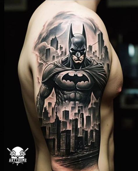 Gotham City Tattoo, Batman Sleeve Tattoo, Batman Tattoo For Men, Oscar Tattoo, Batman Tattoo Design, Batman Tattoo Ideas, Black And White Batman, Batman Tattoo Sleeve, Batman Joker Tattoo