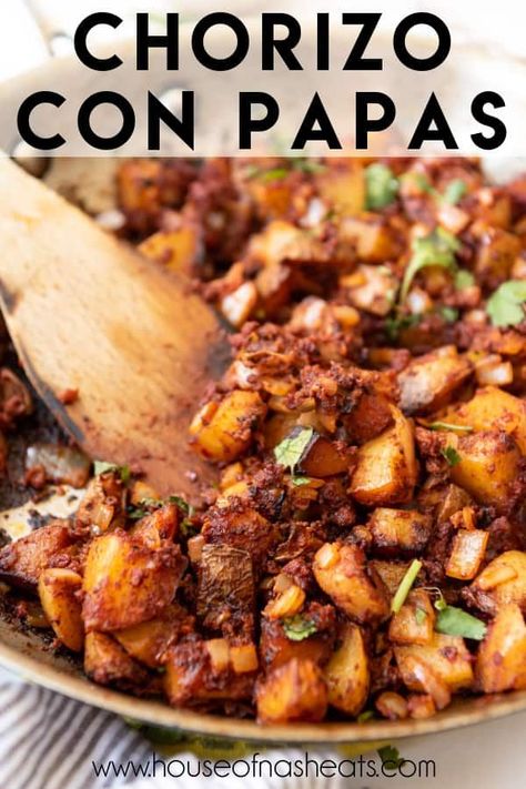 Chorizo con Papas is a classic Mexican dish that combines soft, seasoned potatoes with spicy chorizo sausage for a filling breakfast! | mexican breakfast recipes chorizo | mexican breakfast recipes authentic | mexican breakfast recipes easy | chorizo con papas recipes | papas con chorizo recipe Chorizo Hash Recipe, Chorizo Y Papas Tacos, Colombian Chorizo Recipes, Blackstone Chorizo Recipes, Chorizo Breakfast Scramble, Potatoes And Chorizo Recipes, Ground Pork Chorizo Recipes, Chorizo And Papas, Chorizo And Potatoes Tacos