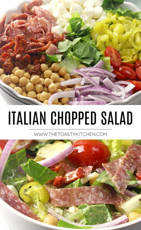 Italian Chopped Salad recipe - by The Toasty Kitchen #italianchoppedsalad #italiansalad #choppedsalad #homemade #sidedish #maindish #bigsalad #chickpeas #salami #freshsalad #recipe Salad To Go With Italian Dinner, Side Salad For Pasta Dinner, Salads To Go With Pasta, Chopped Salad Recipes No Lettuce, Summer Tossed Salad Recipes, Salads For Parties Entertaining, Italian Tossed Salad Recipes, Salad Recipes For Dinner Party, Italian Salads For Parties