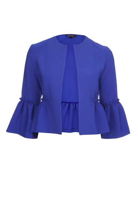 Crop Frill Jacket Blue Cropped Jacket, Ruffle Tops Outfit, Long Blouse Designs, Ruffle Jacket, Professional Outfits Women, Fashion Tops Blouse, Skirt Patterns Sewing, African Clothing Styles