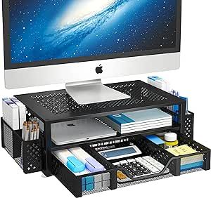 Simple Trending 2 Tier Metal Monitor Stand Monitor riser and Computer Desk Organizer with Drawer and Pen Holder for Laptop, Computer, iMac, Black Computer Desk Organization, Workspace Desk, Monitor Riser, Unique Desks, Office Supply Organization, Work Efficiency, Best Computer, Metal Desks, Monitor Stand