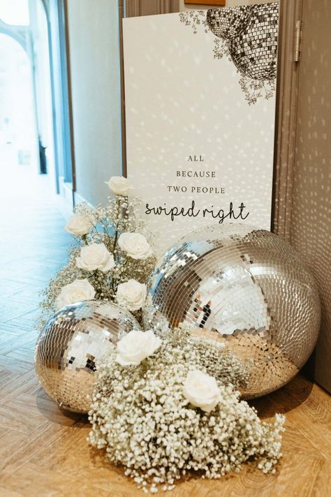 Disco Ball Styled Wedding at The Mansion - by Hannah Baskett Wedding Ceremony Welcome, Disco Ball Decorations, Disco Decorations, Nye Wedding, Disco Theme, White Wedding Theme, Surprise Wedding, The Mansion, Ball Decorations