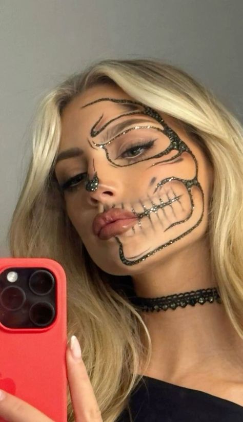 Fun Makeup Costume, Skeleton Rave Outfit, Skeleton Arm Makeup, Half Skull Half Face Makeup, Womens Skull Makeup, Rodeo Queen Makeup, Makeup Face Paint Looks, Couple Halloween Face Paint, Fun Makeup Ideas Halloween Easy