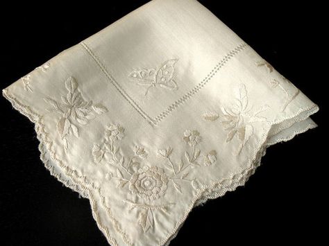 Hand Embroidered Handkerchief Hand Embroidered Handkerchief, White Handkerchief, Silk Handkerchief, Embroidered Handkerchief, Butterflies Flowers, Stitch Flowers, Drawn Thread, Thread & Yarn, Vintage Handkerchiefs