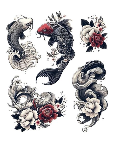 Elevate your tattoo artistry with this exquisite set of 5 Koi Fish designs, each beautifully intertwined with traditional Japanese waves. Perfect for both professional tattoo artists and enthusiasts, these designs are crafted to capture the elegance and symbolism of the Koi Fish in Japanese culture. Japanese Style Back Tattoo, Japanese Tattoo Koi Fish, Japanese Wave Tattoo Design, Two Koi Fish Tattoo, Tattoo Japanese, Japanese Inspired Tattoos, Japanese Tattoo Koi, Japanese Fish Tattoo, Japanese Wave Tattoos