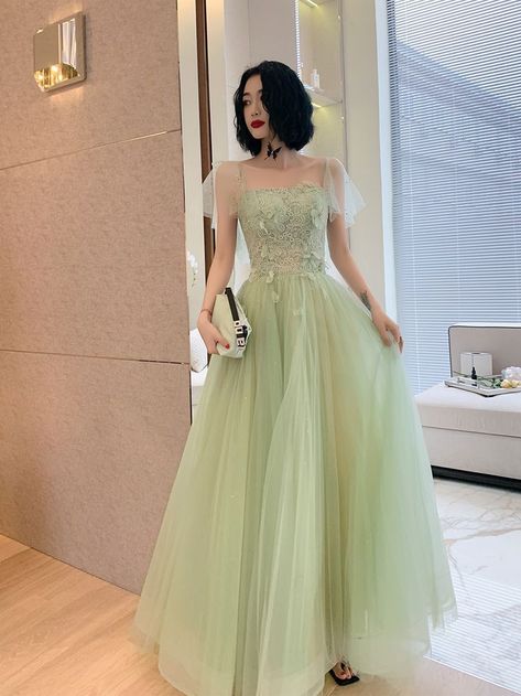 Belle Inspired Formal Dress, Light Green Prom Dress Long Sleeve, Sage Green Dress Outfit Wedding, Enchanted Garden Dress Prom, Tinker Bell Prom Dress, Light Green Grad Dress, Light Green Dress Prom, Prom Dress Light Green, Green Prom Dress With Sleeves