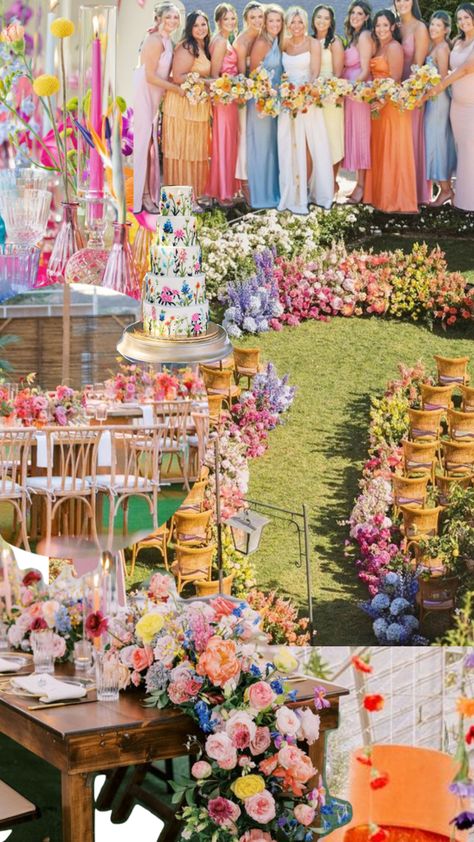 Garden Party Wedding Mood Board, Spring Wedding Locations, Multi Coloured Wedding Theme, Pastel Flower Party Theme, Wedding Theme Ideas Outdoor, Colorful Wedding Pastel, Beach Wedding Pastel Colors, Rainbow Pastel Wedding Theme, Pastel Fairytale Wedding