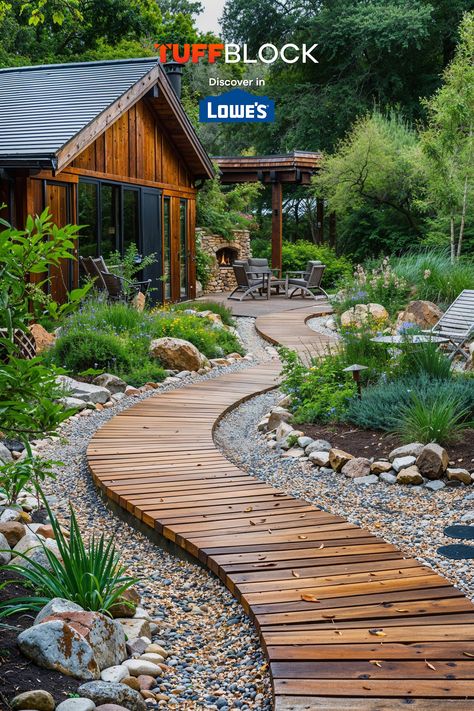 curved walkway deck idea through beautiful yard Floating Walkway Pathways, Shed Pathway Ideas, Tuffblock Deck, Fir Pit, Backyard Walkway Ideas, Sidewalk Landscape, Curved Walkway, Deck Pathway, Deck Blocks