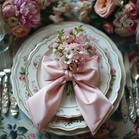 5 Chic Ways to Use Bows in Spring and Summer Place Settings - Ribbons or Napkins can be styled to create a lovely bow accent. Perfect for Regency Era / Bridgerton Tea Party Decor Tea Party Napkin Rings, Pretty Place Settings, Tea Party Seating Chart, Tea Cup Party Decorations, Regency Table Settings, Bow Napkin Wedding, Bows Table Decor, Tea Cup Party Ideas, Bridgerton Wedding Table Setting