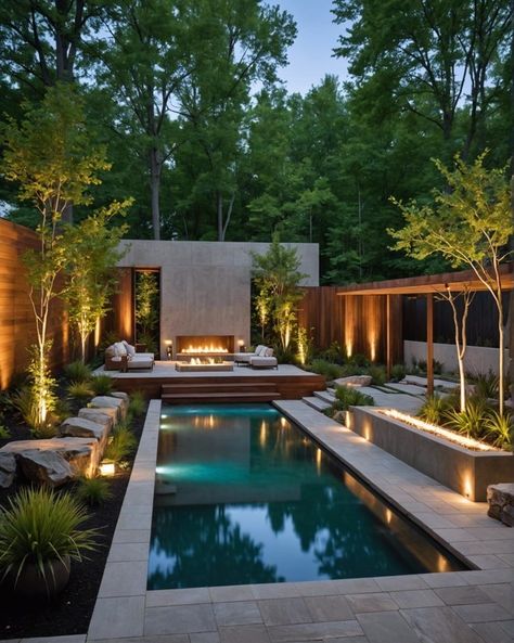 Modern Backyard Trees, Villa Pool Garden, Contemporary Pool Landscaping, Large Backyard Pool Landscaping, Outside Pool Area Ideas, Large Backyard Layout, Large Backyard Ideas Layout, Pergola Details, Large Backyard Ideas