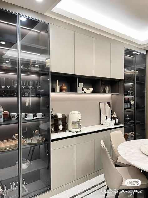 Dinning Crockery Cabinet, Crockery Unit Dining Room, Tall Crockery Unit, Glass Cupboard Design, Glass Crockery Unit, Cutlery Unit, Organizing On A Budget, Crockery Unit Design Dining Rooms, Glass Crockery