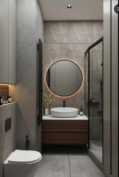 Round Mirror Light, Bathroom Round Mirror, Bathroom Ideas For Men, Apartment Bathroom Design, Modern Appartement, Restaurant Bathroom, Farmhouse Flooring, Grey Bathroom, Rustic Bathroom Decor