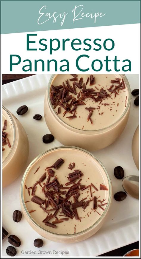 This espresso panna cotta recipe is so easy to make with only a few basic ingredients. This is the perfect creamy dessert everyone will love. Panna Cotta Natashas Kitchen, Pans Cotta Recipe, Pan A Cotta, Penna Cotta Recipes, Vegan Panacotta Recipe, Marscapone Mousse Recipes, Panda Cotta Recipe, Coconut Panna Cotta Recipe, Coffee Dessert Ideas