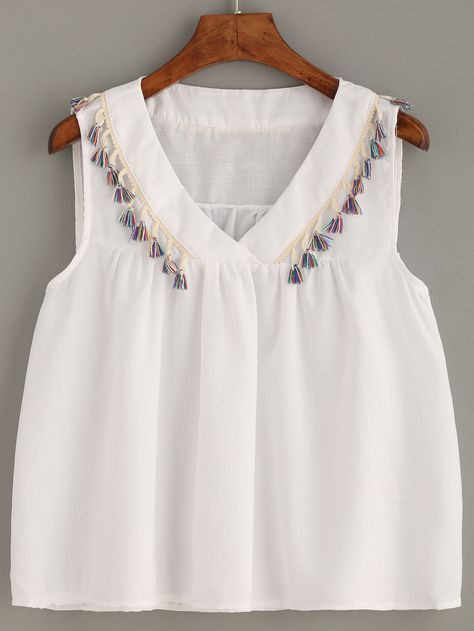 Shop White Tassel Trim Shawl Collar Top online. SheIn offers White Tassel Trim Shawl Collar Top & more to fit your fashionable needs. Cotton Short Tops, Cotton Tops Designs, Girls Dresses Sewing, Kids Dress Wear, Baby Dress Design, Kurta Neck Design, Linen Fashion, Fashion Tops Blouse