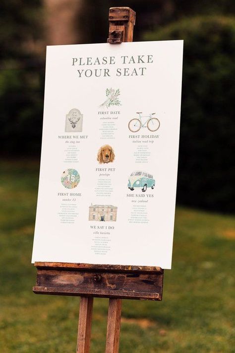 Bespoke Table Plan Idea - Simple Relationship Milestones, Where we met, First Date, Illustrated Themed Table Plan Idea Wedding Table Themes, Wedding Guest Table, Wedding October, Relationship Timeline, Wedding Table Names, Guest Table, Wedding Table Plan, Seating Plan Wedding, Table Plan