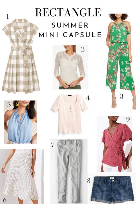 Mini Summer Capsule By Body Shape - Rectangle - April Styling Petite Rectangle, Rectangle Body Shape Fashion, Update Wardrobe, Body Shape Calculator, Rectangle Body Shape Outfits, Dress For Body Shape, Feminine Body, Outfit Ideas Aesthetic, Body Silhouette