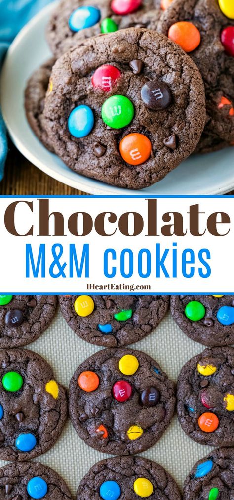 Chocolate M&M cookies are soft chocolate cookies that are packed with mini chocolate chips and M&M candies for the ultimate cookie recipe! M&m Cookies Chocolate, M M Recipes Easy, Easy Chocolate Drop Cookies, Soft Batch Chocolate M&m Cookies, Chocolate M&m Cookies Recipes, M M Chocolate Chip Cookies, Chocolate M M Cookies Christmas, Chocolate M&m, Brownie M&m Cookies