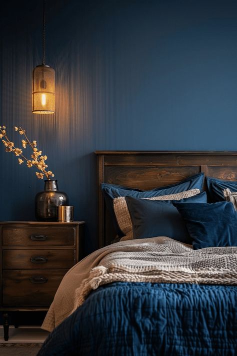 29 Moody Bedroom Retreats 1 Peacock Color Room Ideas, Dark Green Blue Bedroom, Dark Blue Walls Bedroom, Small Blue Bedroom, Deep Green Bedroom, Bedroom Color Palette Ideas, Waterfront Townhouse, Deep Blue Bedroom, Dark Blue Color Scheme