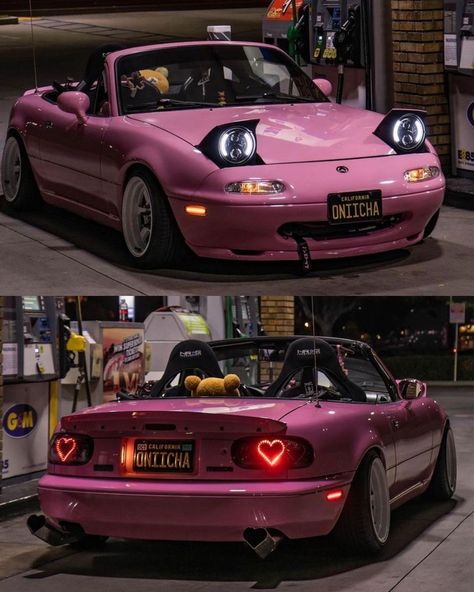 Mean Looking Cars, Modded Car Aesthetic, Pink Mx5, Pink Sports Car Aesthetic, Pink Car Stuff, Pink Miata Mx5, Cool Cars Aesthetic, Miata Body Kit, Mazda Miata Aesthetic