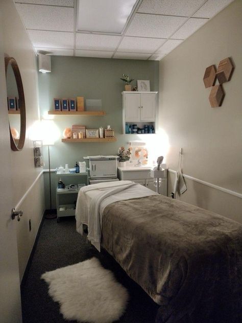 Small Spa Studio Ideas, Small Space Esthetician Room, Mini Spa Room Ideas, Wax Room Organization, Spa Room Cabinets, 10x10 Esthetician Room, Small Therapy Room, Esthetician Room Wall Decor, Small Spa Space Ideas