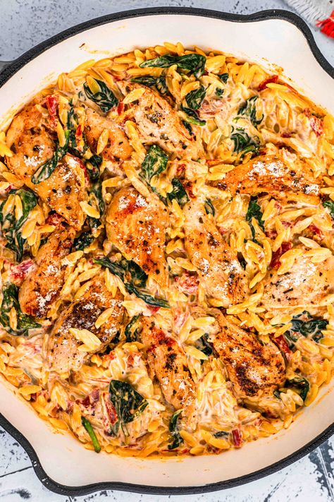 If you're looking for one pan dinners to quickly make for family, this is it. This is one of chicken pasta dishes you'll eat over and over again on the weekends. This chicke orzo is the ultimate high protein recipe, full of nutrition and flavors. It's one of those high protein pasta recipes you'll want to make over and over again. High Protein Pasta Recipes, Roasted Tomato Chicken, Chicken Orzo Pasta, Creamy Orzo Pasta, Protein Pasta Recipes, Sundried Tomato Chicken, High Protein Pasta, Chicken Breast Tenderloins, Chicken Pasta Dishes