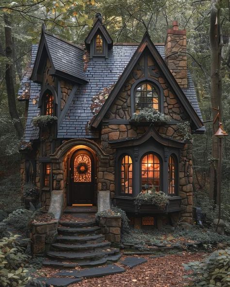 Witch Castle Aesthetic, Witch Home Exterior, Home Conservatory Greenhouse, Small Gothic Home Exterior, Witchy Country House, Grunge Houses Exterior, Spooky Cottage Core Aesthetic, Cottage Castle Aesthetic, Black House With Copper Accents