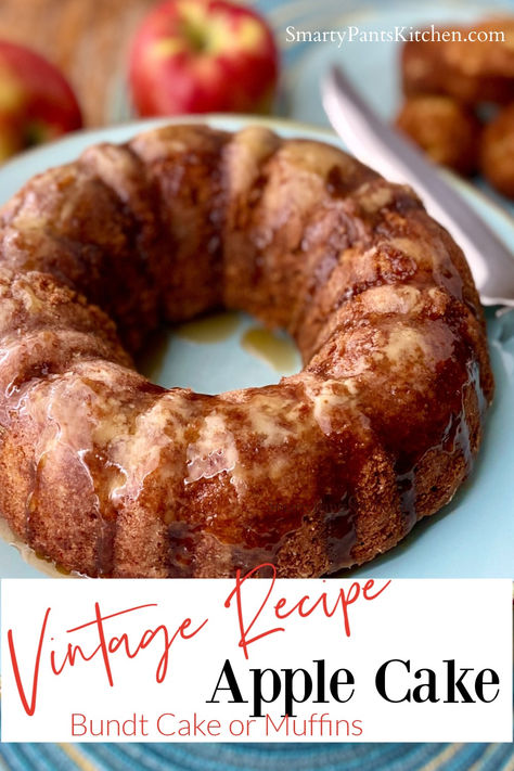 Glazed Bundt Apple Cake on turquoise plate. Nanas Apple Cake Recipe, Vintage Apple Recipes, Chunky Apple Cake Taste Of Home, Apple Cake Sallys Baking, Apple Rum Cake Recipe, Easy Fall Cakes Recipes, Apple Cake Made With Applesauce, Recipe For Fresh Apple Cake, Apple Cake Easy Quick