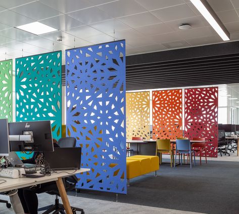 Acoustic Lighting, Office Lights, Acoustical Panels, Environmental Branding, Office Dividers, Modern Office Space, Divider Design, Corporate Office Design, Office Space Design