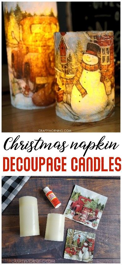 DIY christmas napkin Decoupage candles. Fun christmas craft to make home decor for cheap. Fun vintage red truck napkins make for beautiful christmas DIY project. How to decoupage candles with mod podge. Christmas Napkin Decoupage, Diy Christmas Napkins, Decoupage Candles, Diy Natal, Craft To Make, Decoupage Decor, Vintage Christmas Crafts, Christmas Napkin, Christmas Crafts To Sell