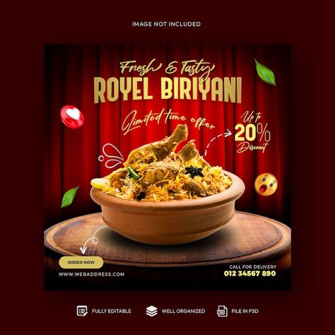 Food menu and restaurant social media ba... | Premium Psd #Freepik #psd #biryani-poster Food Posts Social Media, Biryani Poster Design, Biryani Poster, Fast Food Social Media, Biryani Food, Food Restaurant Design, Fish Biryani, Instagram Post Template Design, Post Template Design