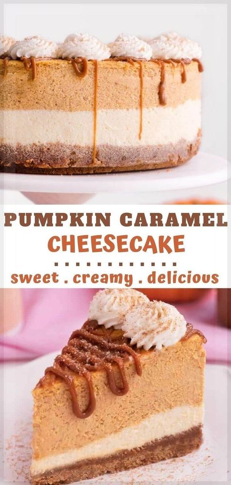 Looking for a fall dessert for parties or for Thanksgiving? You will love this Homemade Pumpkin Caramel Cheesecake! It's easy to make and so pretty! It also tastes amazing! The recipe has a nice thick crust with added cinnamon and brown sugar. The cheesecake layer is smooth, creamy and so flavorful, packed with warm spices. This is one of those sweets that you're going to be craving all fall season!