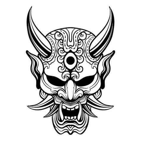 Japanese Devil Tattoo, Kabuki Mask Tattoo, Kabuki Tattoo, Oni Mask Tattoo Design Ideas, Tattoo Oni, Vector Tattoo Design, Mask Tattoo Design, Devil Logo, Kabuki Mask