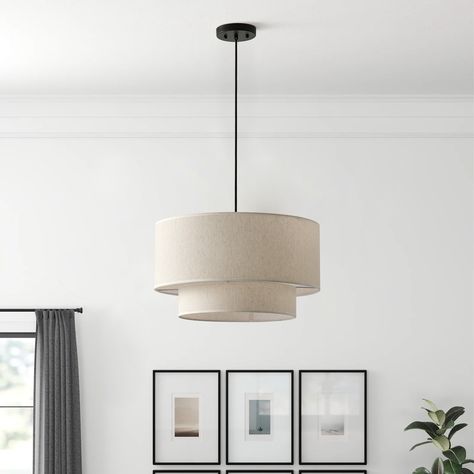 Modern Off-White Drum Pendant Light with 2-Tier Linen Fabrics Lampshade - Bed Bath & Beyond - 37920764 Round Pendant Light, Bedroom Pendant, Drum Pendant Lighting, Bedroom Light Fixtures, Iron Pendant, Industrial Pendant Lights, Fabric Lampshade, Drum Pendant, Industrial Vintage