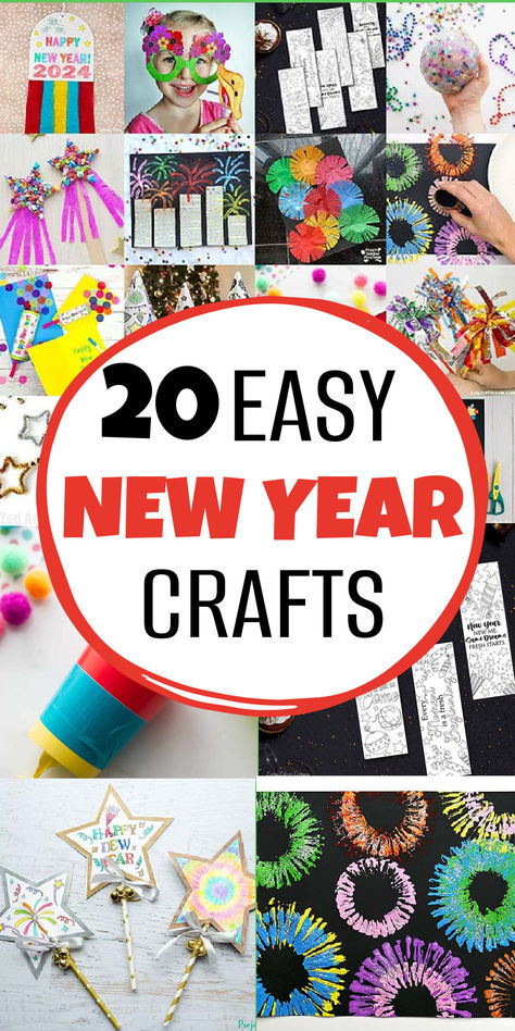 Celebrate New Year's Eve with these 20 easy New Year crafts for kids to make in 2024. Fun and simple crafts for kids to make for New Years Eve: decorations, fireworks, bookmarks, glasses, slimes, pom pom shooter, wands, paper plate craft, New Year DIY party hat. New Years Experiments For Kids, Easy New Year Crafts For Kids, New Years Childrens Crafts, New Years Activities For Elementary Kids, New Year Art Activities For Kids, New Years Montessori Activities, New Year Card Easy For Kids, New Year Activities For Kids 2024, New Year Activity For Kindergarten