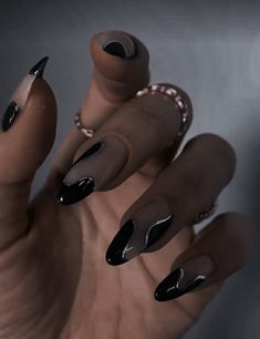 Black Nails Trendy Coffin, Nail Inspo For Black Hoco Dress, Spooky Classy Nails, Nail With Black Dress, Black Hoco Nails Almond, Nails For Orchestra, Black Nail Designs Elegant, Homecoming Nails Black And Silver, Simple Black Almond Nails