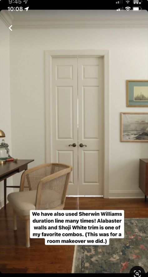 White Wall And Trim, White Wall Cream Trim, Sherwin Williams Paint And Trim, Walls And Trim Color Ideas, Subtle Contrast Trim, Best Contrast Trim Colors, Shoji White Walls Alabaster Trim, White Walls Off White Trim, Shoji White Walls And Trim