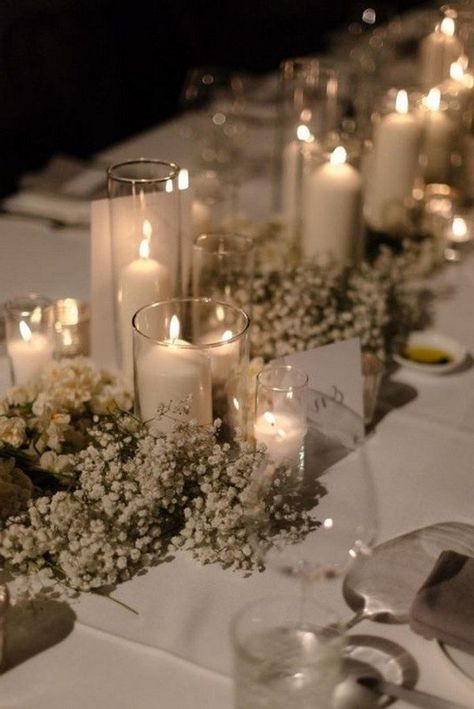 20 Budget-friendly Baby’s Breath Wedding Centerpieces – Page 2 – Hi Miss Puff Wedding Tables, Aisle Decor, Wedding Vibes, Wedding Mood Board, Wedding Table Centerpieces, Table Arrangements, Wedding Mood, Wedding Candles, Wedding Board