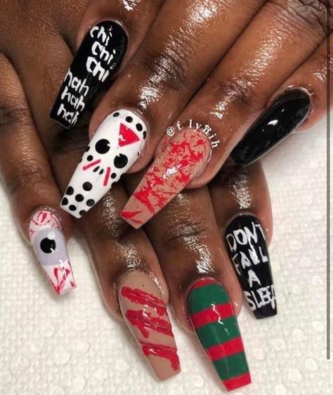 Horror Nail Ideas, Saw Halloween Nails, It Nails Halloween, Halloween Nails Freddy Kruger, Freddy Krueger Nails Acrylic, Jason Voorhees Nails, Hollowed Nails, Trending Autumn Nails, Jason Nails Halloween