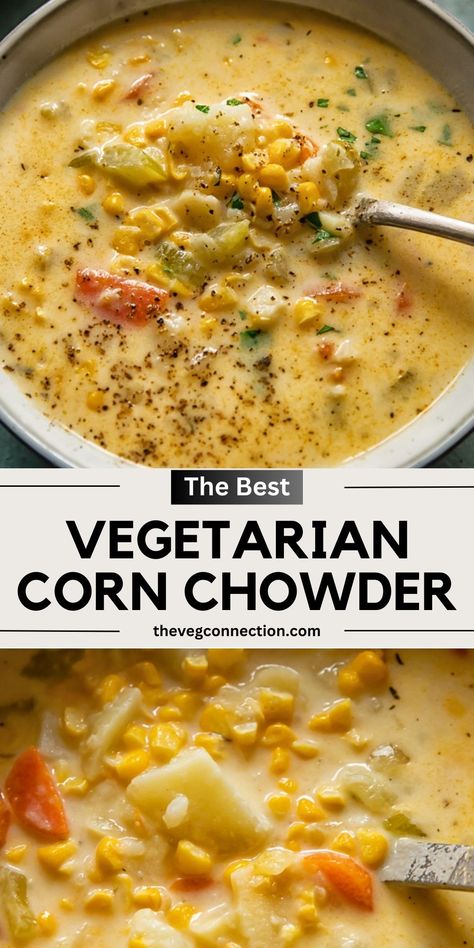 Vegetable Corn Chowder, Hearty Soup Vegetarian, Vegetarian Corn Recipes, Corn Recipes Soup, Vegetarian Chowder Recipes, Chickpea Chowder, Soups And Stews Vegetarian, Street Corn Chowder, Vegetable Chowder Recipes